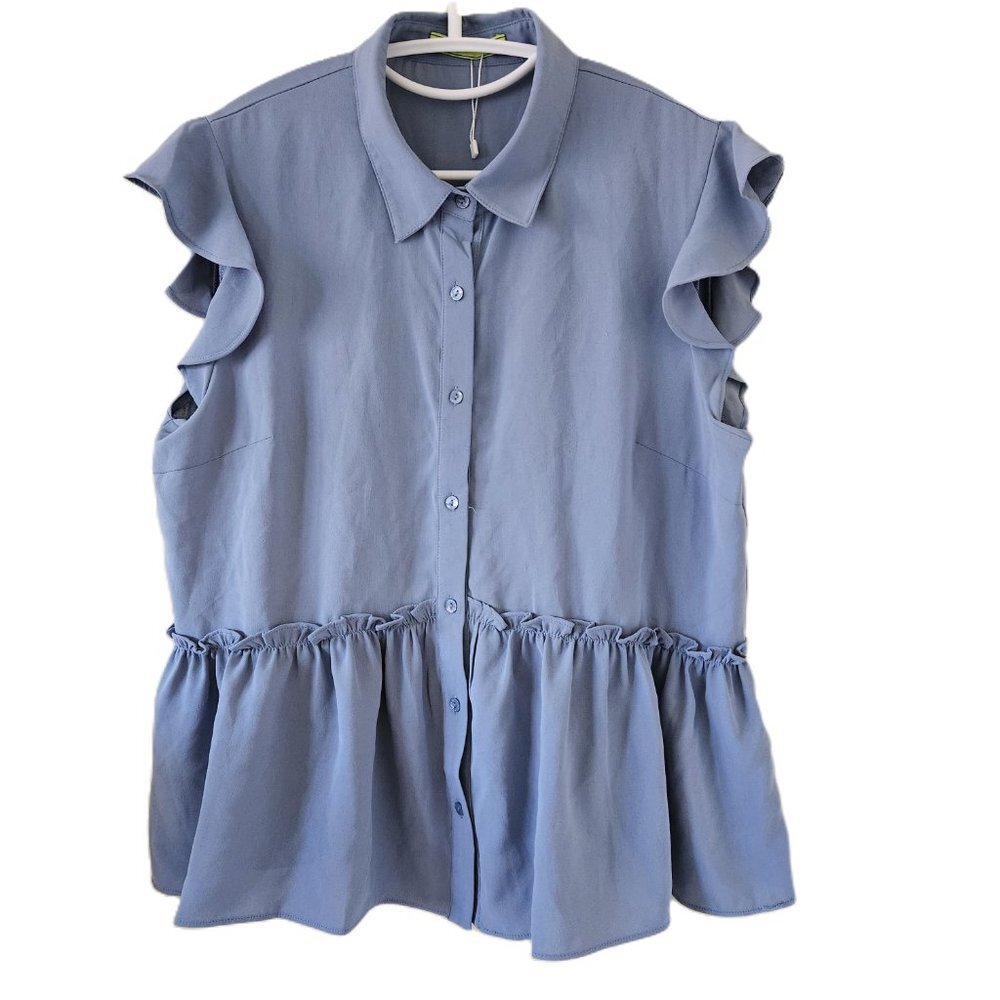 Women's Light Blue Ruffle Sleeve Button-Up Blouse